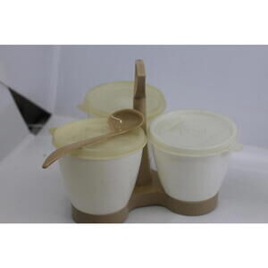 VINTAGE TUPPERWARE #757 CONDIMENT CADDY W/HANDLE, CUPS, SPOON & LIDS - ALMOND